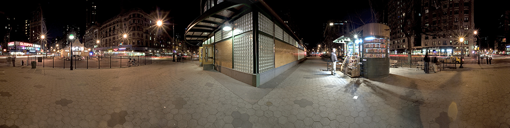 Panoramic view of 72nd Street, New York City, at night