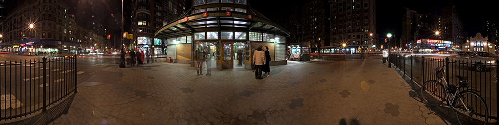 Panoramic view of 72nd Street, New York City, at night