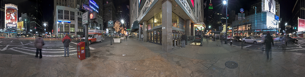 Panoramic view of 72nd Street, New York City, at night