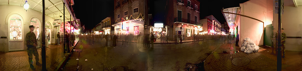 Panoramic view of Bourbon Street, New Orleans, at night