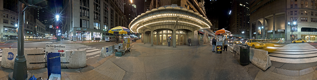 Panoramic view of entrance to Grand Central Station, New York City, at night