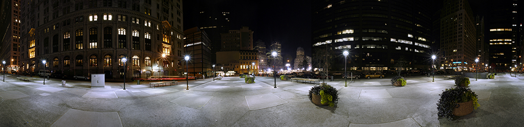 Panoramic view of Liberty Street, New York City, at night