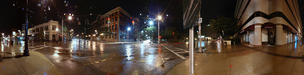 360 degree view, empty streets at night in Poughkeepsie, New York