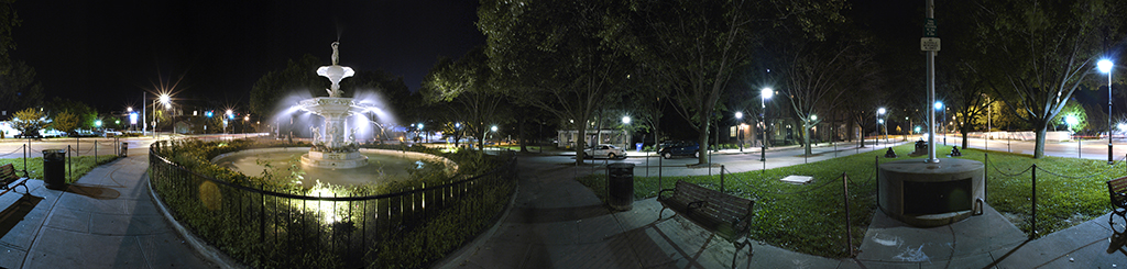 Panoramic view of Poughkeepsie fountain and park at night