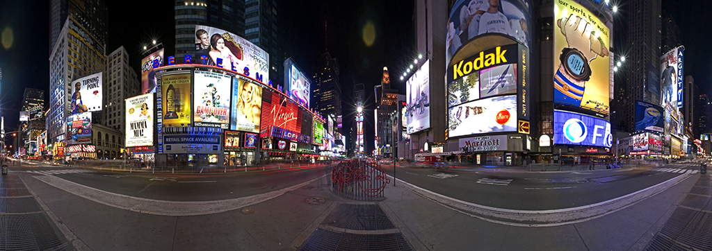 Panoramic view of Times Square, New York City, at night