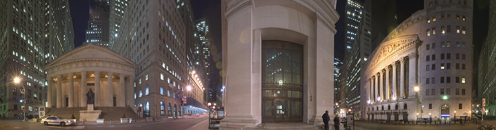 Panoramic view of Wall Street, New York City, at night