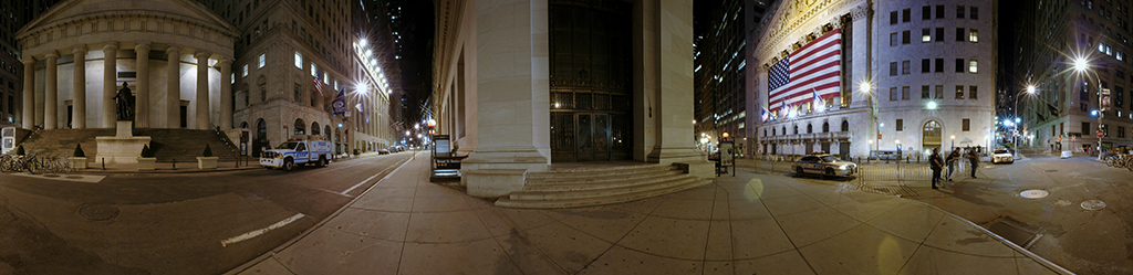 Panoramic view of Wall Street, New York City, at night